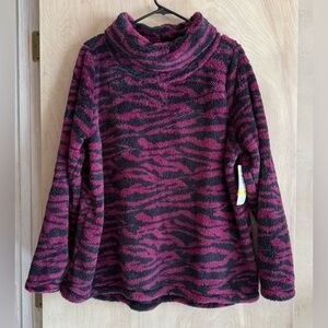 NWT Zella Nikki Furry Fleece Turtleneck Sweatshirt Zebra Print Black Purple XL